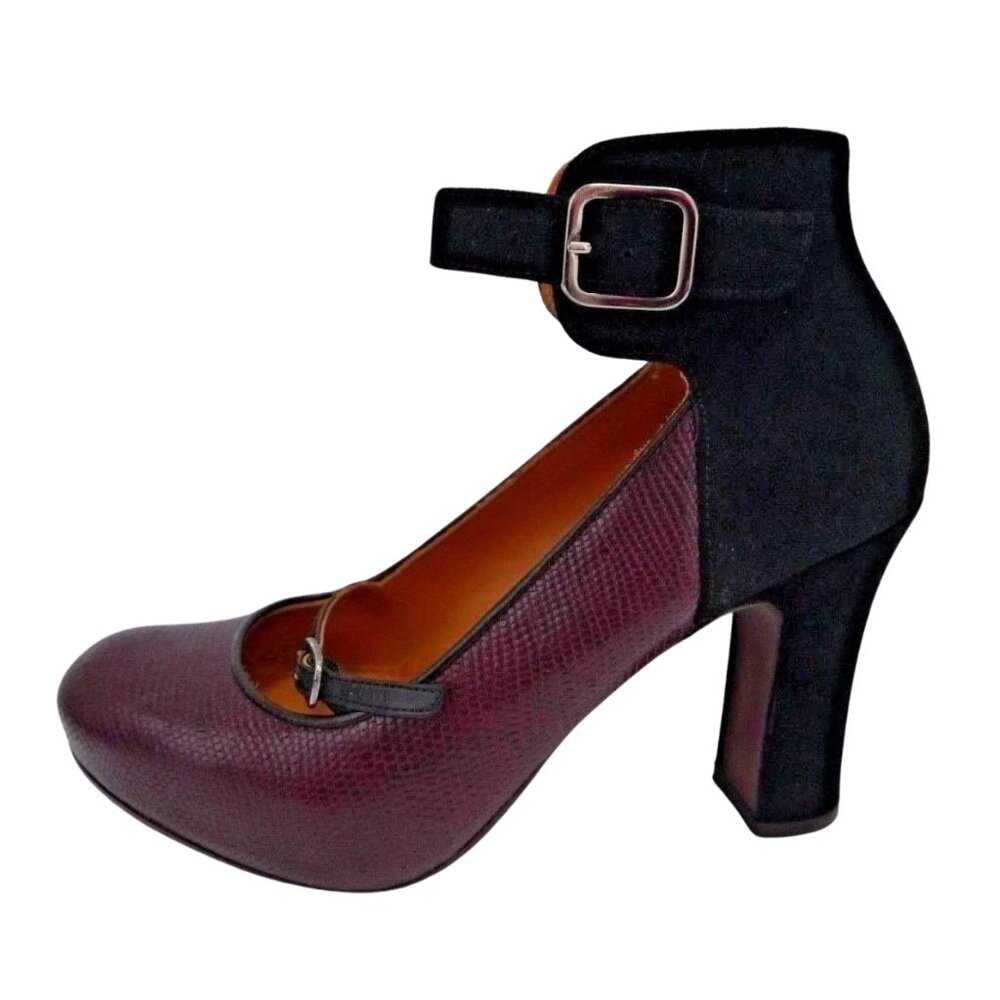 NEW Chie Mihara Shoes Mod Mary Jane Pumps Suede Leather Heels SZ 37.5 Burgundy - Picture 2 of 8